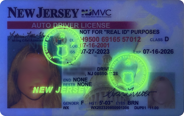 Front UV view of NJ ID