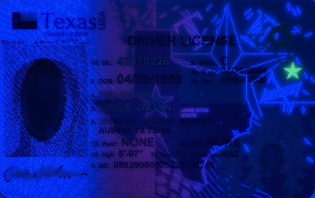 Front UV view of TX ID